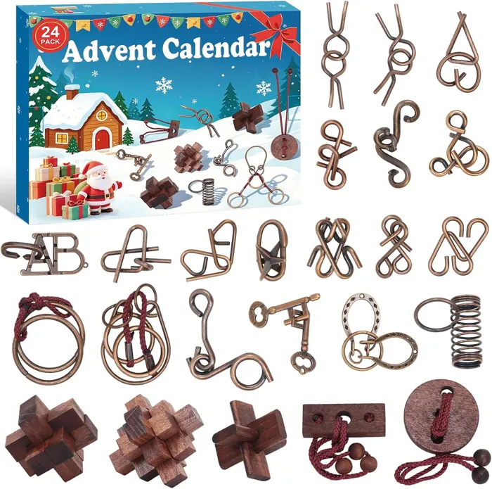 Calendario de Adviento con 24 rompecabezas 3D de madera y metal