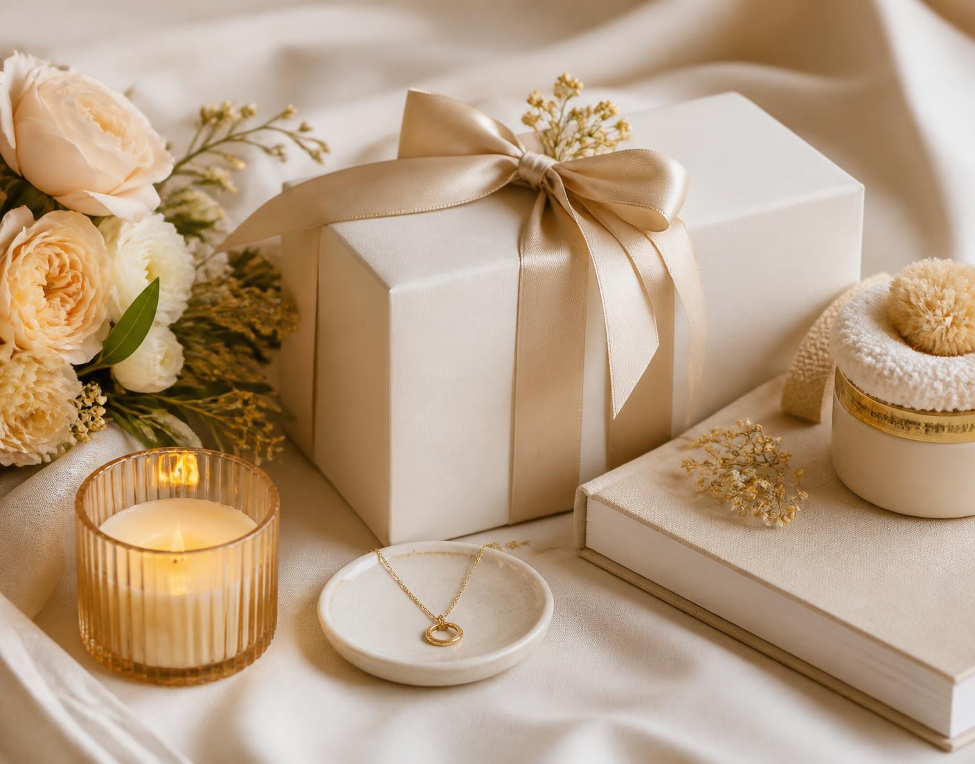 Composición de regalos para una madre: caja con lazo, vela, flores, libro y una joya delicada